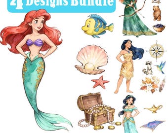 Retro Princess Watercolor Png BUNDLE, Magic Kingdom Princess Design, Ariel, Pocahontas, Jasmine, Merida, Watercolor Princess Clipart
