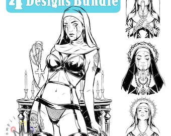 Gothic Nun Png BUNDLE, Retro Gothic Nun Design, Unholy Nun Png, Dark Aesthetic Clipart, Satan Baphomet Gothic, Distressed T-shirt Design