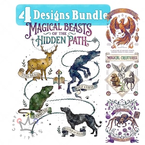May include: A digital design bundle titled 4 Designs Bundle Magical Beasts of the Hidden Path featuring illustrations of a stag, a wolf, a rat, a hound, a phoenix, a griffin, a horse, and a spider with text labels and celestial constellation lines.