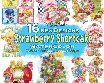 Watercolor Strawberry Shortcake Png BUNDLE, Berry Sweet Girl Cartoon Design, Strawberry and Friends, Strawberry Character 90s Retro Cartoon