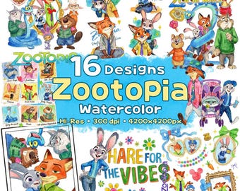 Zootopia Watercolor Png BUNDLE, Zootropolis Zoomania Zootopia2 Png Cliparts, Judy Hopps Nick Wilde Png, Animals Cartoon Movie Design