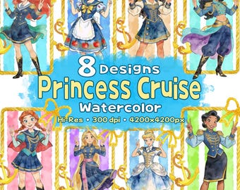Princess Cruise Watercolor PNG Bundle, Croquette Princess Clipart, Snow White, Ariel, Anna, Rapunzel, Moana, Jasmine, Cinderella, Tiana