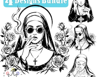 Gothic Nun Png BUNDLE, Retro Gothic Nun Design, Dark Aesthetic Clipart, Unholy Nun Png, Satan Baphomet Gothic, Distressed T-shirt Design