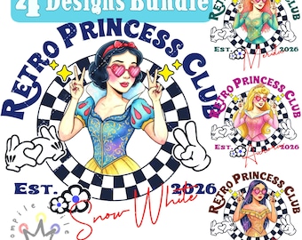 Retro Princess Club Png BUNDLE, Watercolor Princess Png, Magic Kingdom Princess, Family Vacation Png, Snow White, Aurora, Pocahontas, Mulan