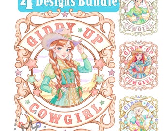 Retro Cowgirl Princess Png BUNDLE, Giddy-up Cowgirl, Watercolor Princess Frame, Western Princess Design, Elsa, Anna, Tiana, Merida