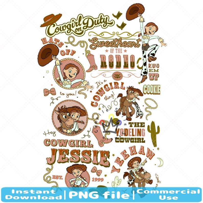 Op de afbeelding: Een digitale afbeelding met een cowgirl-thema, met de tekst "Cowgirl Duty" en "Sweetheart of the Rodeo". Het ontwerp bevat illustraties van een cowgirl, een paard, laarzen en een lasso. Het kleurenpalet is voornamelijk bruin en beige.