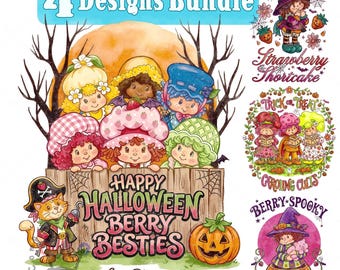 May include: A digital illustration bundle featuring four Halloween-themed designs with Strawberry Shortcake characters. The main image shows characters behind a wooden fence with a pumpkin, text reading HAPPY HALLOWEEN BERRY BESTIES, and a pirate cat.