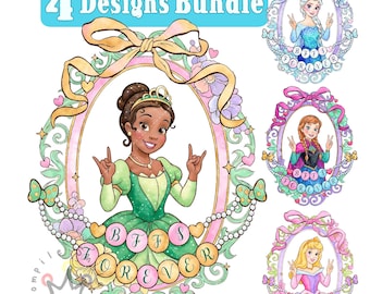 Akvarell kokettspegelprinsessa png-paket, prinsessa bästa vänner för alltid, kokettroséprinsessadesign, Tiana, Elsa, Anna, Aurora