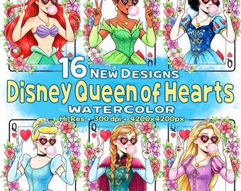 Retro Queen of Hearts Png BUNDLE, Princess Blowing Bubble Design, Disneyworld Princess Design, Watercolor Princess, Distressed Shirt Design