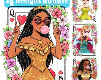 Retro Queen of Hearts Png BUNDLE, Princess Blowing Bubble Design, Disneyworld Princess Design, Watercolor Princess, Distressed Shirt Design