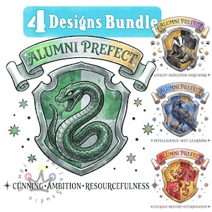 Op de afbeelding: Een digitaal ontwerppakket met vier emblemen met de tekst ALUMNI PREFECT. Het hoofdembleem toont een groene slang met de tekst CUNNING AMBITION RESOURCEFULNESS. Andere emblemen tonen een das, een raaf en een leeuw met hun respectievelijke eigenschappen.