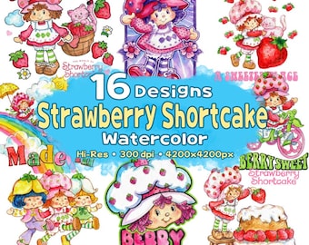Strawberry Shortcake Watercolor Png BUNDLE, Retro Berry Sweet Girl Cartoon Design, Strawberry and Friends, Strawberry Character 80s Cartoon