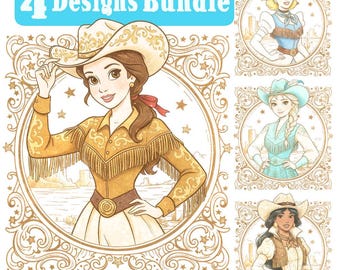 Retro Cowgirl Princess Png BUNDLE, Vintage Western Princess Design, Watercolor Princess, Western Country Cowgirl, Distressed T-shirt Design