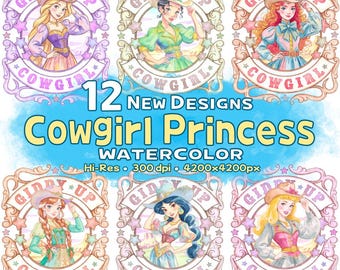 Retro Cowgirl Princess Png BUNDLE, Watercolor Princess, Vintage Western Princess Design, Western Country Cowgirl, Distressed T-shirt Design