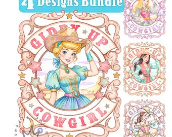 Retro Cowgirl Princess Png BUNDLE, Giddy-up Cowgirl, Watercolor Princess Frame, Western Princess Design, Cinderella, Belle, Aurora, Mulan