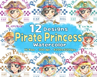 Pirate Princess Watercolor PNG Bundle, Pirate's Life for Me, Family Trip Png, Rapunzel Snow White, Ariel Jasmine, Tiana Png, Princess Cruise