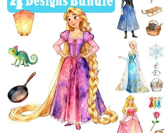 Retro Princess Watercolor Png BUNDLE, Magic Kingdom Princess Design, Rapunzel, Aurora, Elsa, Anna, Watercolor Princess Clipart