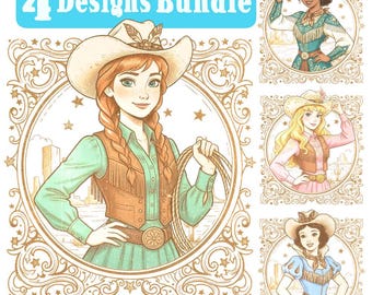 Retro Cowgirl Princess Png BUNDLE, Watercolor Princess, Vintage Western Princess Design, Western Country Cowgirl, Distressed T-shirt Design