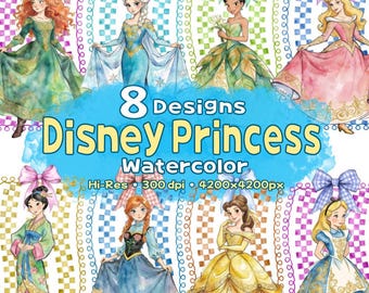 Princess Watercolor PNG Bundle, Croquette Princess Clipart, Princess Frame Design, Anna, Belle, Tiana, Elsa, Merida, Alice, Mulan, Aurora