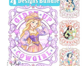 Retro Cowgirl Princess Png BUNDLE, Giddy-up Cowgirl, Watercolor Princess, Western Princess Design, Rapunzel, Pocahontas, Snow White, Jasmine