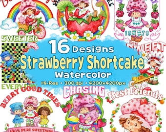 Strawberry Shortcake Watercolor Png BUNDLE, Retro Berry Sweet Girl Cartoon Design, Strawberry and Friends, Strawberry Character 80s Cartoon