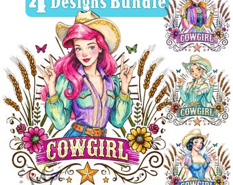 Watercolor Cowgirl Princess Png BUNDLE, Retro Western Princess Design, Watercolor Princess, Country Cowgirl, Elsa, Anna, Ariel, Snow White