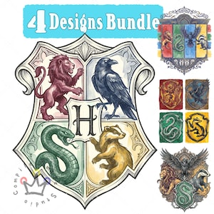 May include: A digital graphic bundle featuring 4 designs of a crest with a central letter H, surrounded by a lion, a raven, a snake, and a badger. The artwork includes various shield layouts with these four animals in watercolor style.
