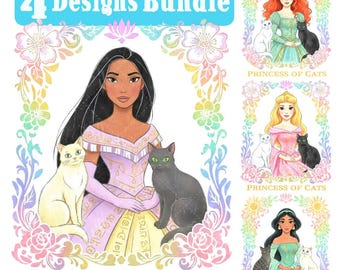 Retro Watercolor Princess of Cats Png BUNDLE, Magical Kingdom Princess Design, Pocahontas, Merida, Aurora, Jasmine, Distressed Shirt Design