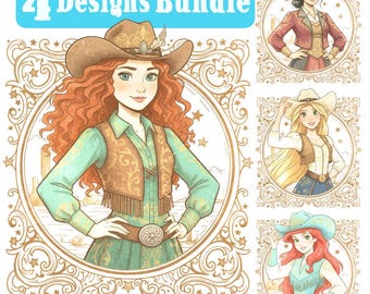 Retro Cowgirl Princess Png BUNDLE, Vintage Western Princess Design, Western Country Cowgirl, Watercolor Princess, Distressed T-shirt Design