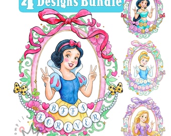 Akvarell kokett spegelprinsessa png-paket, prinsessa bästa vänner för alltid, kokett rosett prinsessa, snövit Rapunzel Askungen Jasmin