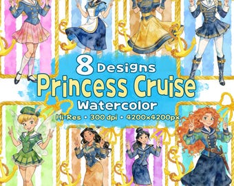 Princess Cruise Watercolor PNG Bundle, Croquette Princess Clipart, Pocahontas, Tinker Bell, Merida, Mulan, Elsa, Belle, Aurora, Alice