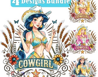 Watercolor Cowgirl Princess Png BUNDLE, Western Princess Design, Watercolor Princess, Country Cowgirl, Jasmine, Belle, Aurora, Pocahontas