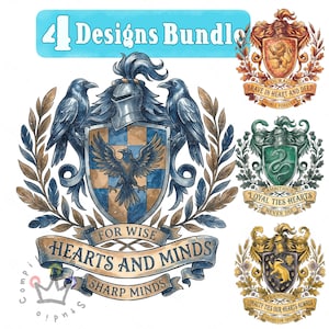 May include: A digital illustration bundle featuring four distinct heraldic crests. The main design displays a blue and gold shield with a central raven, flanked by two ravens, a knight's helmet, and a banner reading FOR WISE HEARTS AND MINDS SHARP MINDS.