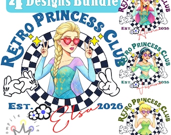 Retro Princess Club Png BUNDLE, Watercolor Princess Design, Magic Kingdom Princess, Family Vacation Png, Elsa, Anna, Jasmine, Tinker Bell