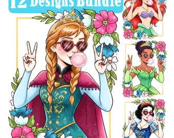 Retro Princess Blowing Bubble Png BUNDLE, Watercolor Princess Png, Disneyworld Princess Design, Distressed Shirt Design