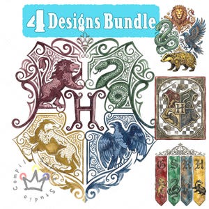 May include: A digital graphic bundle featuring four distinct illustrations of a lion, snake, badger, and eagle. The central design is a large crest with an H, surrounded by ornate scrollwork in red, green, yellow, and blue. Text reads 4 Designs Bundle.