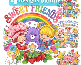 May include: A digital illustration bundle featuring four designs with Strawberry Shortcake and Care Bears characters. The artwork includes rainbows, strawberries, flowers, and stars, with text reading 4 Designs Bundle, Sweet Friends, Friends Shine Bright Together, and Friendship & Rainbows.
