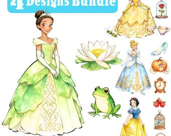 Retro Princess Watercolor Png BUNDLE, Magic Kingdom Princess Design, Belle, Cinderella, Tiana, Snow White, Watercolor Princess Clipart