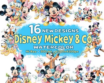 Mickey and Friends Watercolor Clipart Png BUNDLE, Mickey and Friends Clipart, Mickey & Co. Group Party Clipart, Delicate Watercolor