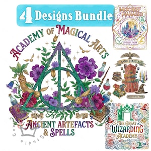 May include: A digital design bundle featuring four magical-themed illustrations. The main graphic displays a large green triangle symbol surrounded by purple flowers, vines, books, potions, and golden winged spheres with the text Academy of Magical Arts.