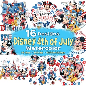 Op de afbeelding: Een levendig digitaal ontwerp met Mickey Mouse, Minnie Mouse, Donald Duck en Goofy in patriottische kleding. Het ontwerp bevat de tekst "Disney 4th of July" en "Disneyland", samen met Amerikaanse vlaggen en vuurwerk. De afbeelding is gelabeld met "16 Designs" en "Watercolor".