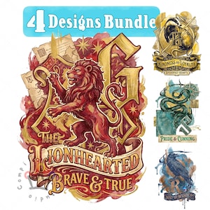 Peut inclure: Un ensemble de quatre illustrations numériques. Le motif principal montre un lion rouge avec le texte 'THE LIONHEARTED BRAVE & TRUE'. Les autres motifs incluent un blaireau avec 'KINDNESS AND LOYALTY', un serpent vert avec 'PRIDE & CUNNING' et un corbeau avec 'WIT & WISDOM'.