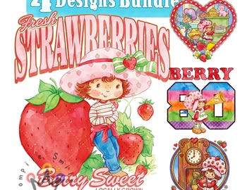 Strawberry Shortcake Watercolor Png BUNDLE, Berry Sweet Girl Cartoon Design, Strawberry and Friends, Strawberry Character, 90s Retro Cartoon