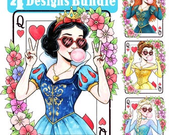 Retro Queen of Hearts Png BUNDLE, Princess Blowing Bubble Design, Disneyworld Princess Design, Watercolor Princess, Distressed Shirt Design