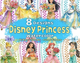 Princess Watercolor PNG Bundle, Croquette Princess Clipart, Princess Frame Design, Pocahontas, Ariel, Snow White, Jasmine, Cinderella, Moana