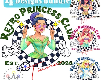 Retro Princess Club Png BUNDLE, Watercolor Princess Design, Magic Kingdom Princess, Family Vacation Png, Tiana, Moana, Ariel, Alice