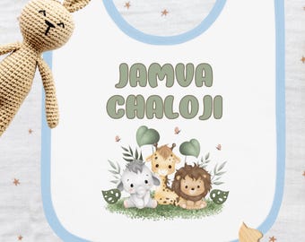 Regalo de bebé gujarati, babero "comamos" Jamva Chaloji
