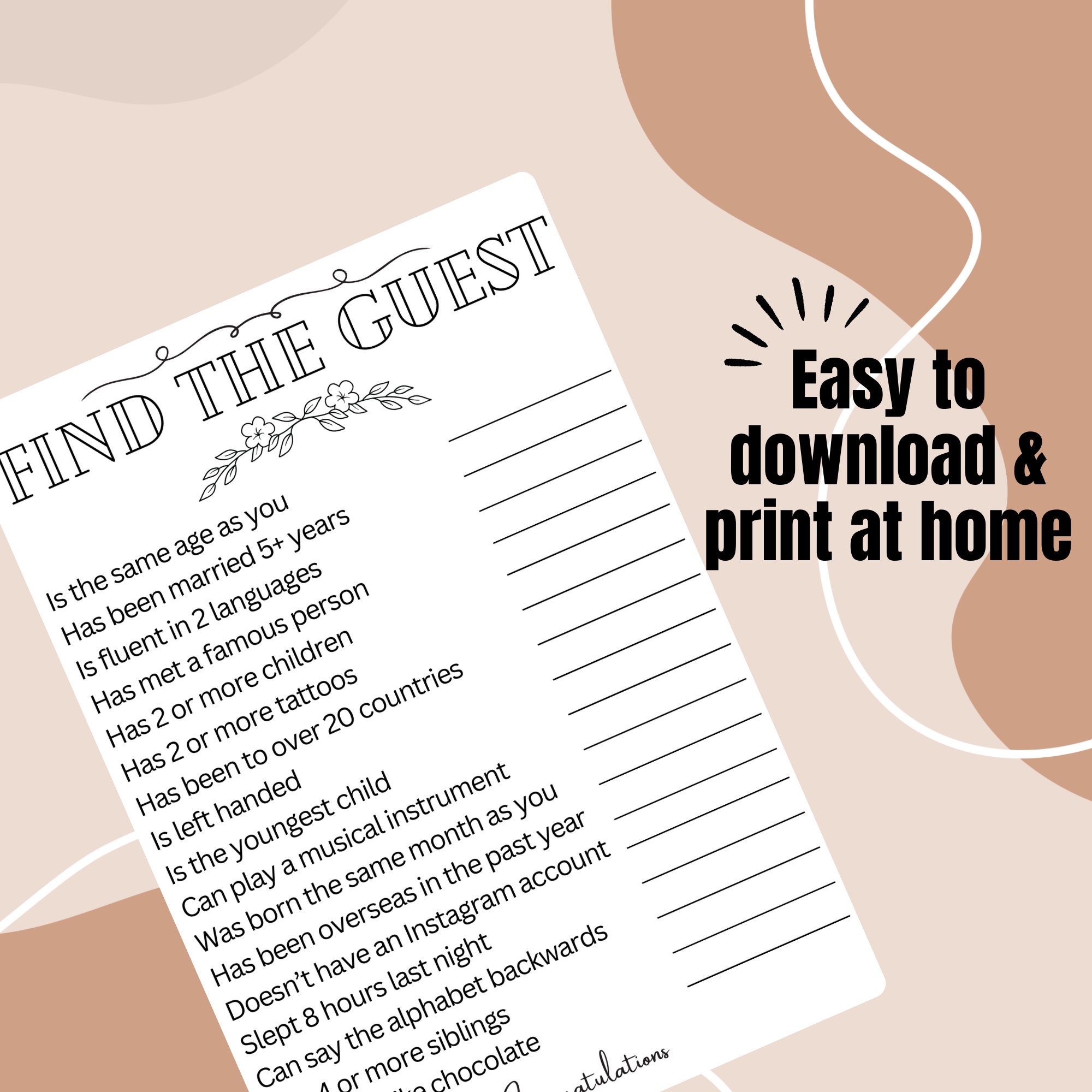 Find the Guest Party Game PRINTABLE - Great for Bridal Showers, Baby ...