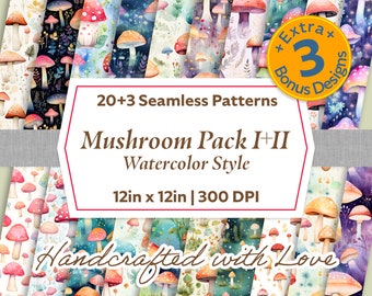 Mushroom Design SEAMLESS Patterns, Watercolor Style, Digital Paper, Scrapbook Papers, Printable Paper Set, Digital Background, 20 Designs