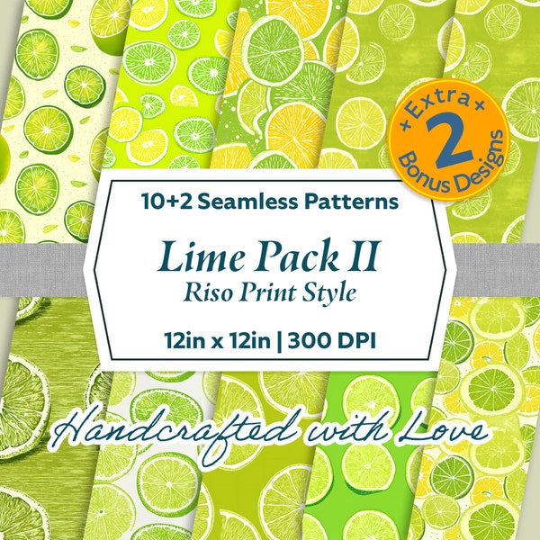 Lime SEAMLESS Patterns, Riso Print Style, Digital Paper, Scrapbook Papers, Printable Paper Set, Digital Background, 10 Designs, Citrus
